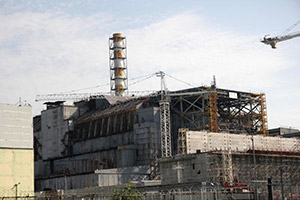 View from the parking lot on the sarcophagus covering reactor #4