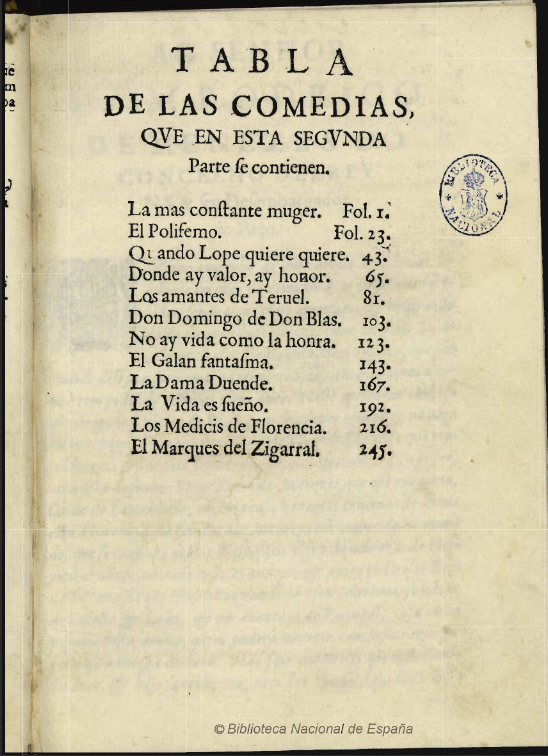 Tabla de las comedias